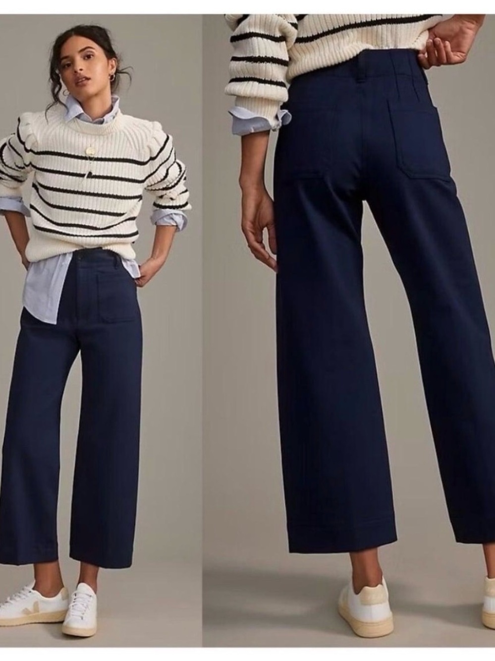 The Colette Crop Wide-Leg Pant by Maeve in Navy Blue - Linen Blend